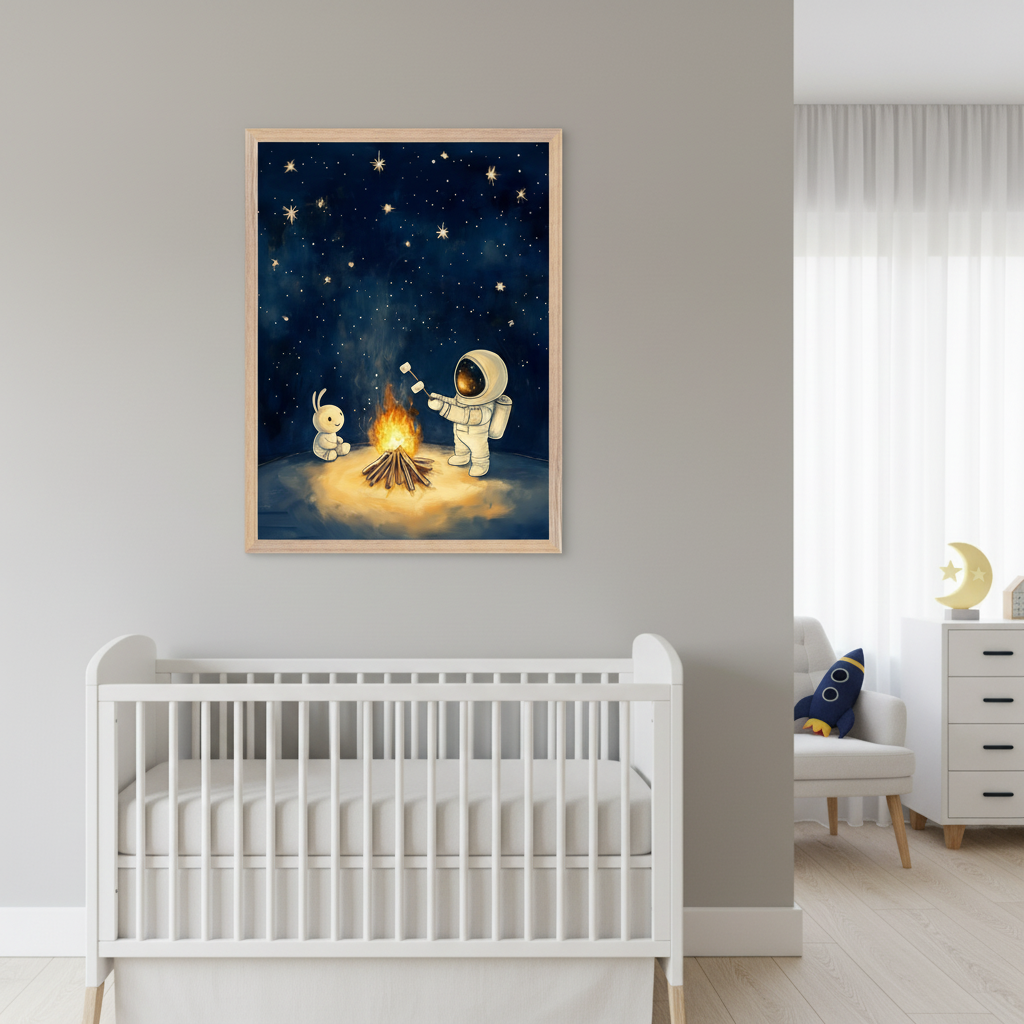 Modern nursery with a white crib. A framed print of a cartoon astronaut and bunny roasting marshmallows by a campfire under a starry sky hangs on the gray wall above the crib. A white armchair and dresser are to the right.
