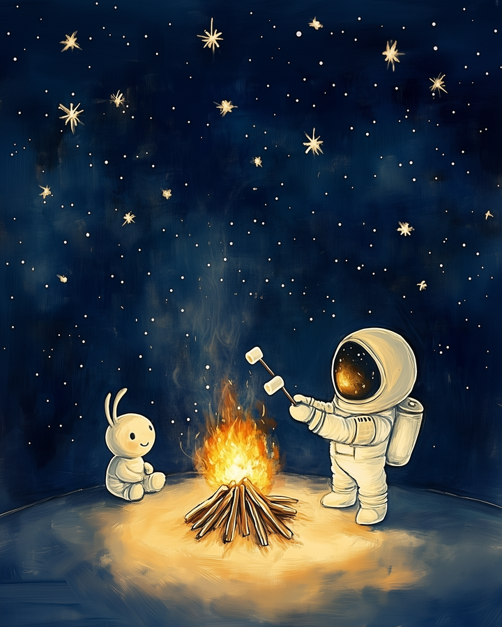 An astronaut in a white spacesuit is roasting marshmallows over a campfire on a moonlit landscape, accompanied by a small, smiling alien creature sitting nearby, with a starry night sky filled with twinkling stars in the background.