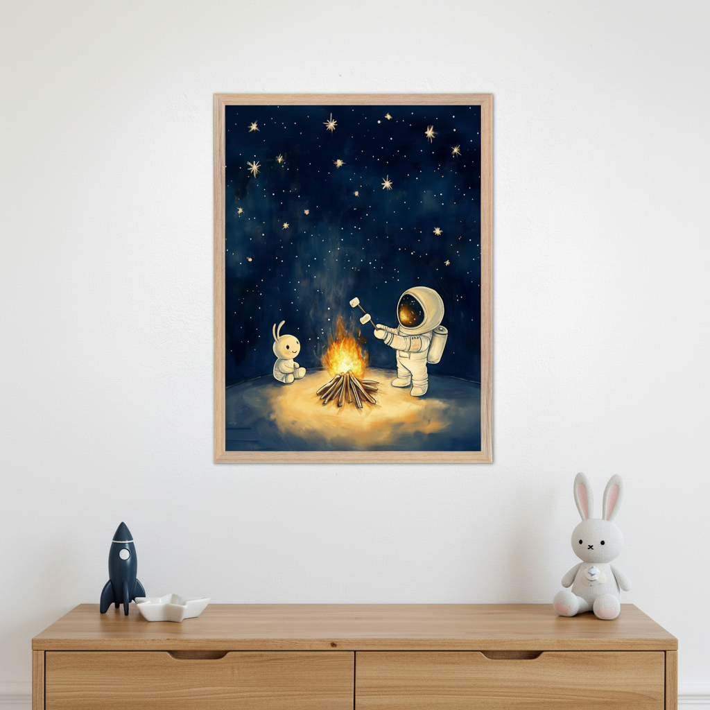 Framed illustration of a small astronaut roasting marshmallows over a glowing campfire on a moon-like surface, with a white bunny sitting across from them under a sky full of stars. The cozy space-themed artwork hangs above a wooden dresser decorated with a toy rocket and plush bunny.