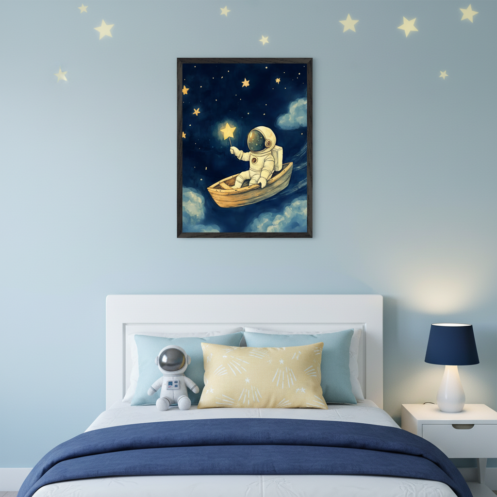 Kid's bedroom with light blue walls, star decals, and a white bed with a navy blanket. A nightstand with a navy lamp is on the right. Centered above the bed hangs a framed artwork depicting a cartoon astronaut in a boat, holding a star, floating in a starry night sky, in an illustrated style.