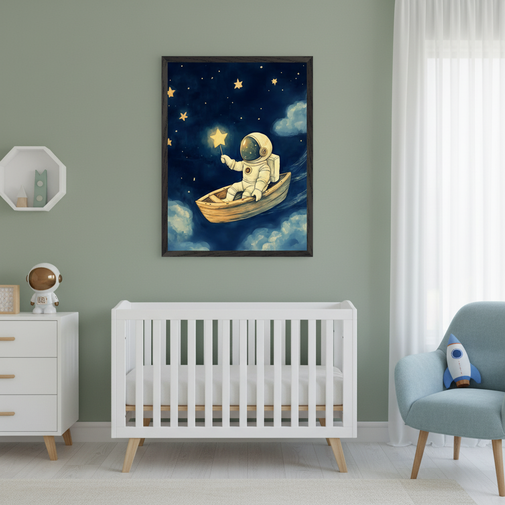 Modern nursery with a green wall. A white crib, dresser, and light blue armchair are visible. A large framed print of a cartoon astronaut in a boat catching a star in a dark night sky hangs above the crib.