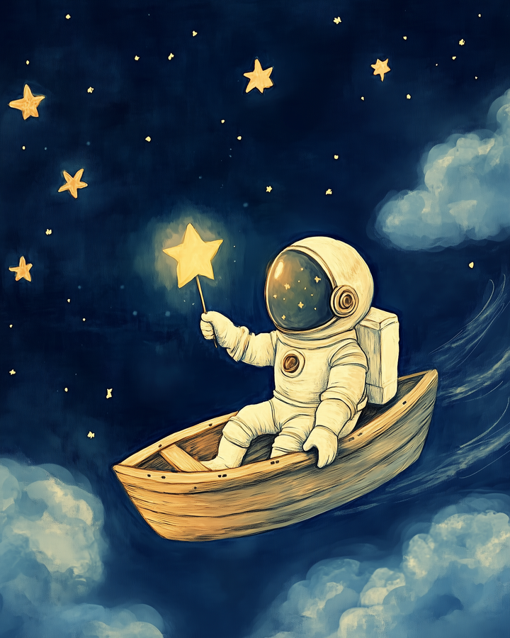 An astronaut in a spacesuit sits in a wooden boat floating among the clouds and stars, holding a glowing star-shaped wand. The night sky is deep blue, dotted with bright stars, creating a whimsical and dreamlike scene.