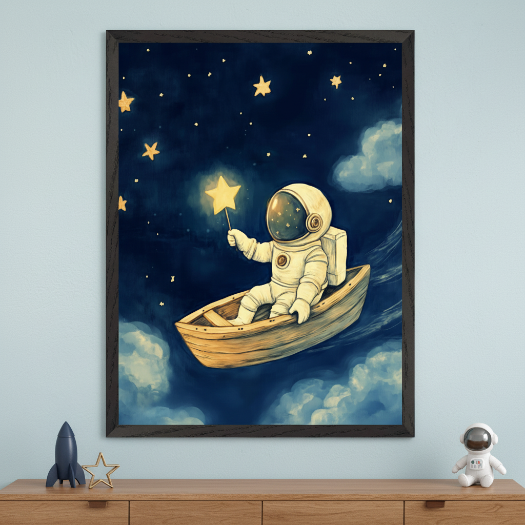 Framed illustration of a small astronaut floating through a starry night sky in a wooden rowboat, holding a glowing star-shaped wand. Surrounded by dreamy clouds and twinkling stars, the scene captures a whimsical, imaginative journey through space, displayed above a dresser with matching space-themed decor.
