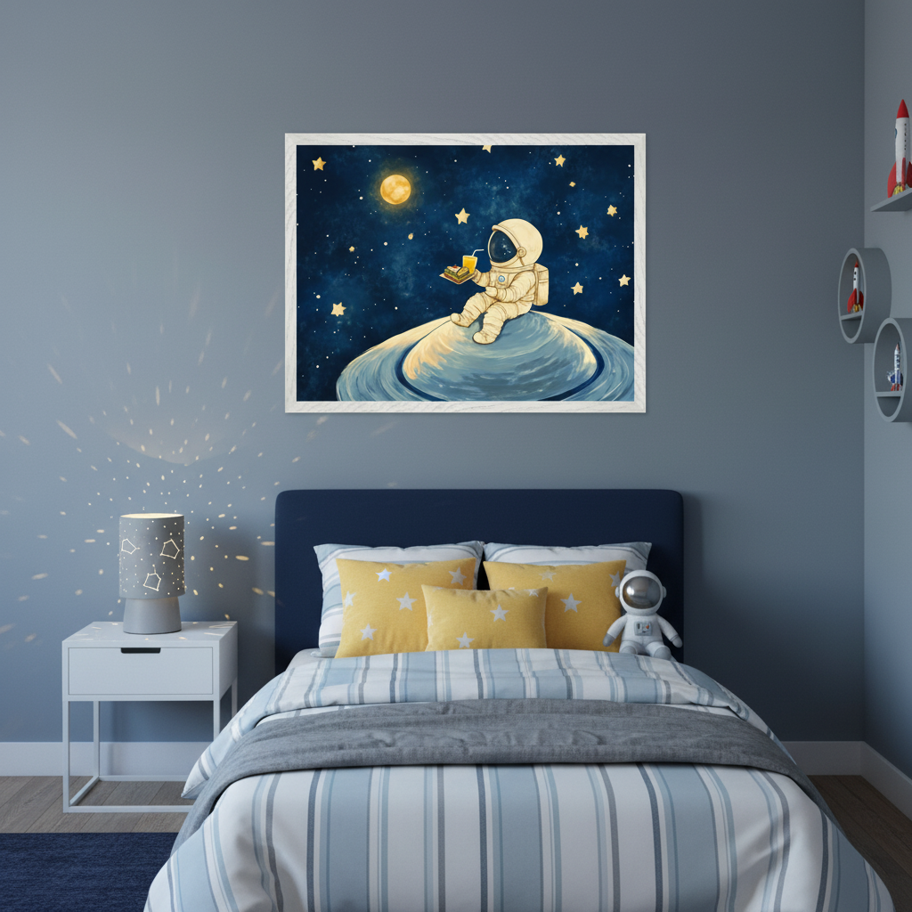 Kid's bedroom with a single bed, dark blue headboard, and white nightstand with a star projector lamp. A large framed cartoon painting of an astronaut on Saturn under a starry sky with a moon hangs above the bed. Rocket shelves are on the right.