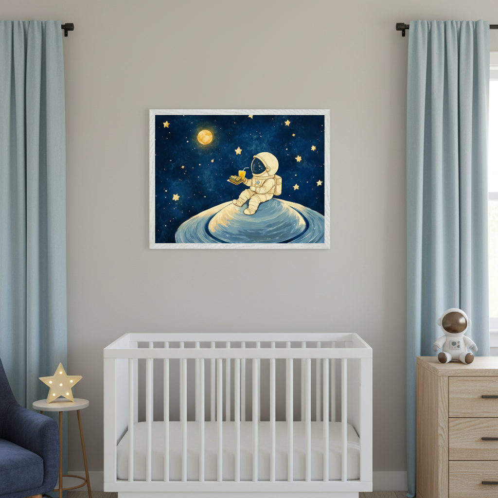 Modern nursery with a white crib, dresser, and armchair. Above the crib hangs a framed illustration of an astronaut sitting on a ringed planet, drinking under a starry moonlit sky.