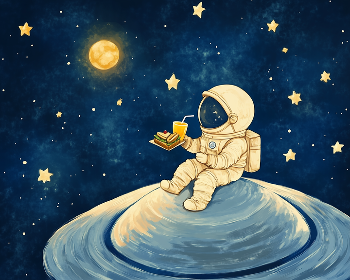 An astronaut in a beige space suit sits on the ring of a planet, holding a tray with a sandwich and a glass of orange juice, surrounded by glowing stars against a deep blue cosmic background.