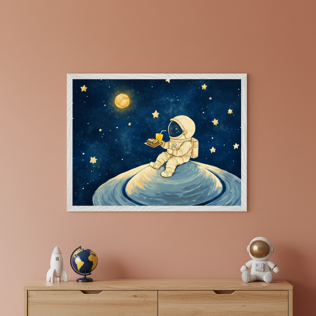 Framed illustration of an astronaut sitting on a swirling blue planet, holding a tray with a sandwich and a drink, surrounded by stars and a glowing yellow moon in a deep night sky. The dresser below is decorated with a toy rocket, a small globe, and a plush astronaut figure, complementing the space-themed decor.