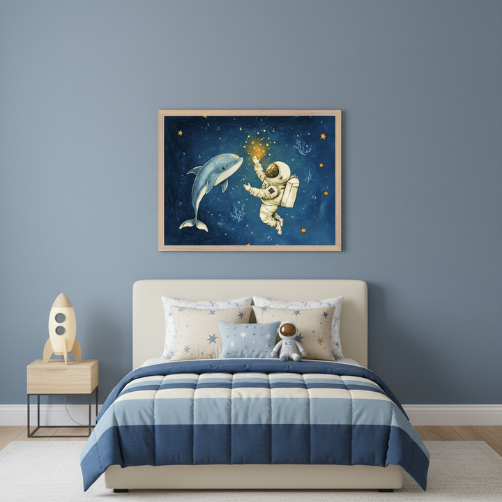Kid's bedroom with a bed and a nightstand. A framed illustration featuring a cartoon astronaut, a dolphin, and glowing stars on a dark blue background hangs centered above the bed.
