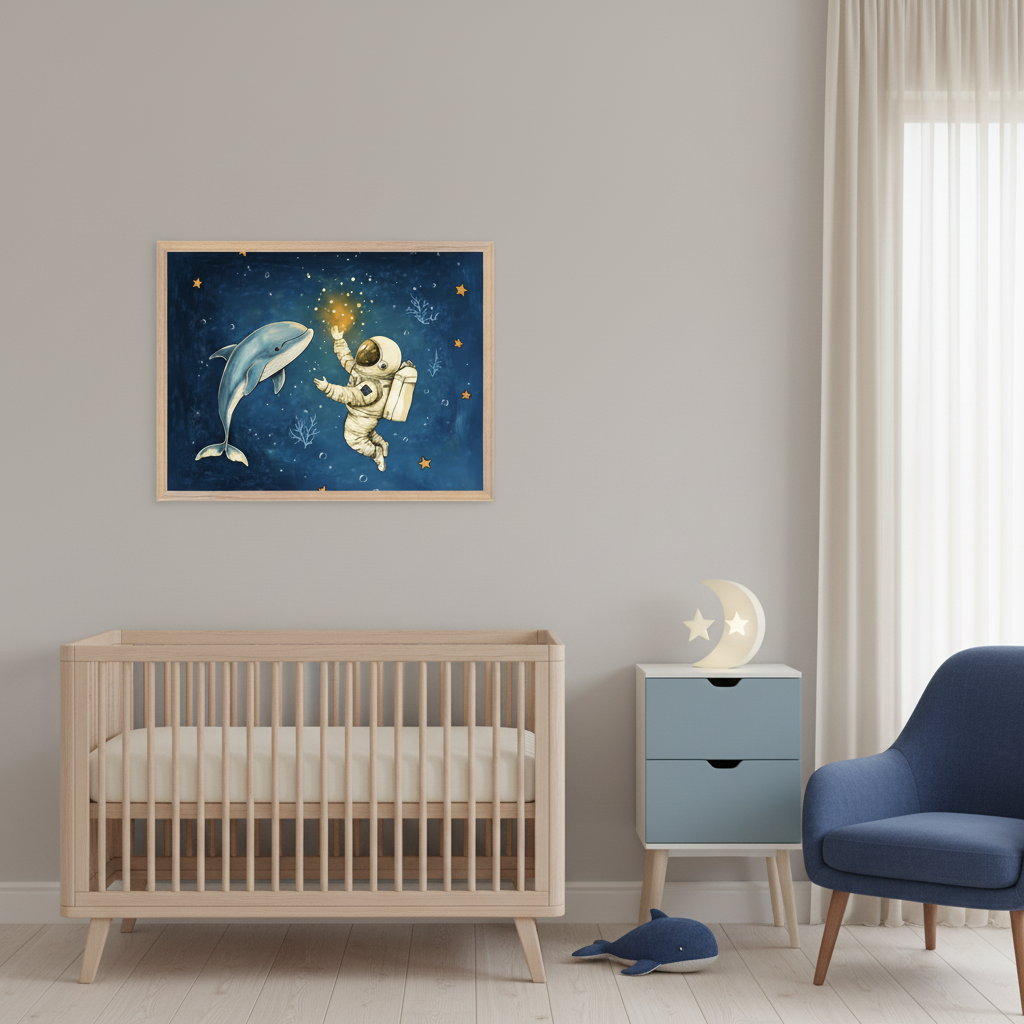 Modern nursery with a light wood crib, a blue two-drawer nightstand, and a blue armchair. A framed illustration featuring a cartoon astronaut and a dolphin interacting with glowing particles against a dark blue, star-filled background hangs above the crib.