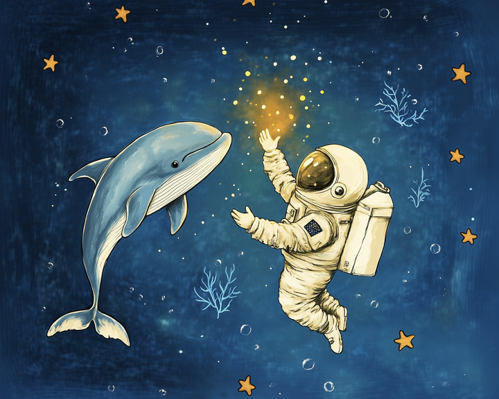 An astronaut in a spacesuit reaches out toward a friendly blue whale in a whimsical, starry underwater scene, surrounded by bubbles and starfish, with glowing particles illuminating the encounter.