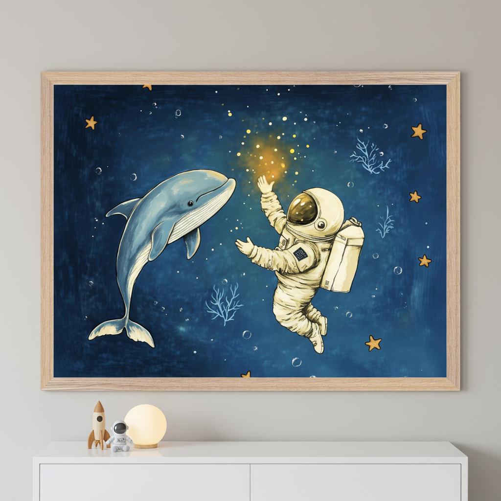 Framed whimsical artwork of an astronaut floating in a starry, ocean-like space scene, reaching out to a blue whale with glowing light between them. The cabinet below holds a toy rocket, a small astronaut figurine, and a glowing moon-shaped lamp.