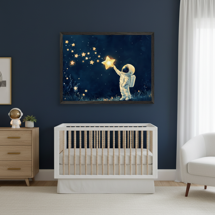 Modern nursery with a white crib and light wood dresser against a dark blue wall. A large framed print of a cartoon astronaut reaching for a glowing star in a night sky hangs above the crib.