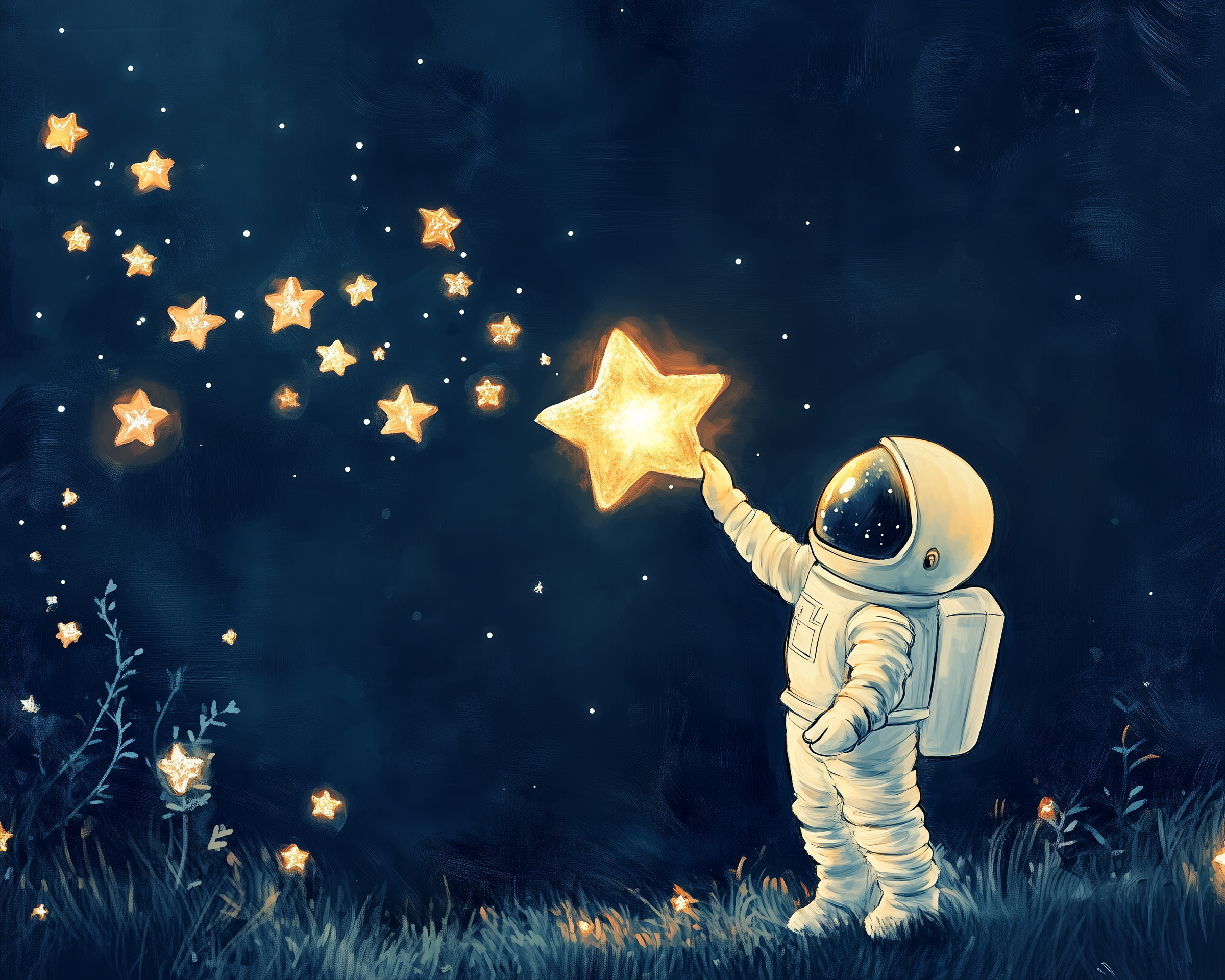 Astronaut Reaching for Stars Wall Art for Nursery, Playroom or Kids Bedrooms - Dreamy Night Sky Adventure Decor - Star Catcher