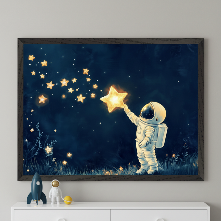 Framed illustration of a child in an astronaut suit reaching up to touch a glowing star in a dark, star-filled sky, with clusters of twinkling stars floating above a grassy field. The dreamy nighttime scene is displayed above a dresser decorated with space-themed toys, including a rocket, astronaut figure, and a planet.