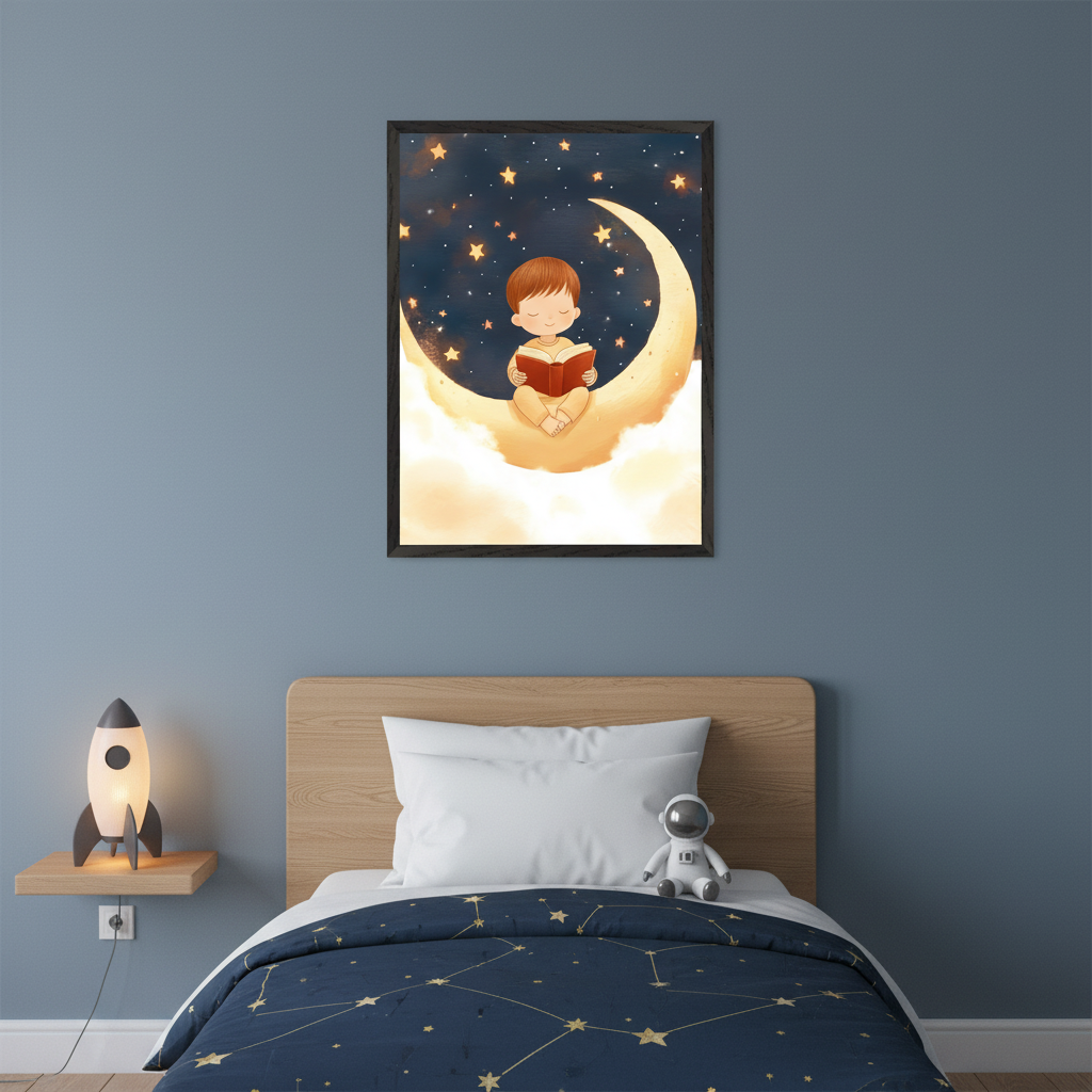 Kid's bedroom with blue walls, a wooden bed, and a blue star duvet. A framed illustration of a boy reading on a crescent moon with stars and clouds hangs centered above the bed. A rocket lamp sits on a floating shelf, and an astronaut toy is on the bed.