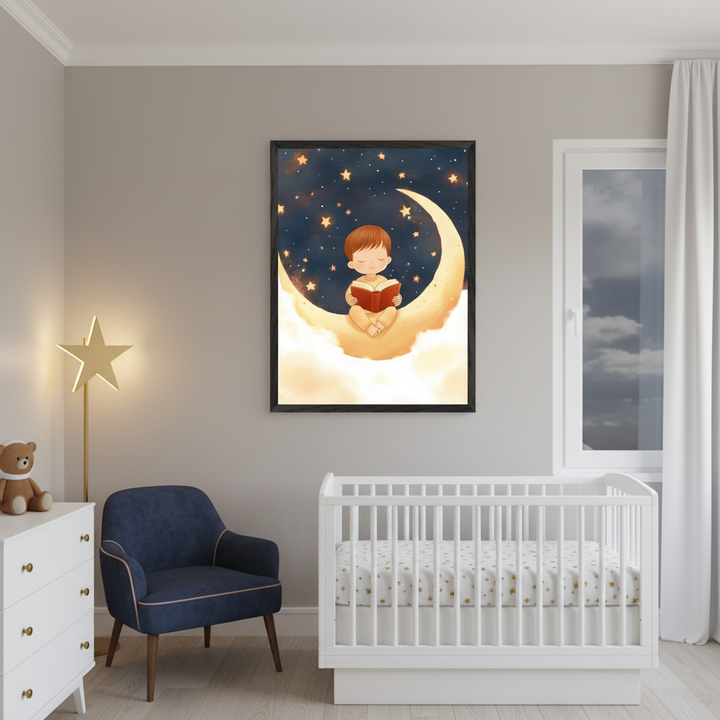 Modern nursery with a white crib, white dresser, and navy armchair. A large framed illustration of a cartoon boy reading a book on a crescent moon on clouds in a starry night sky hangs on the wall, centered above the crib and left of the window.