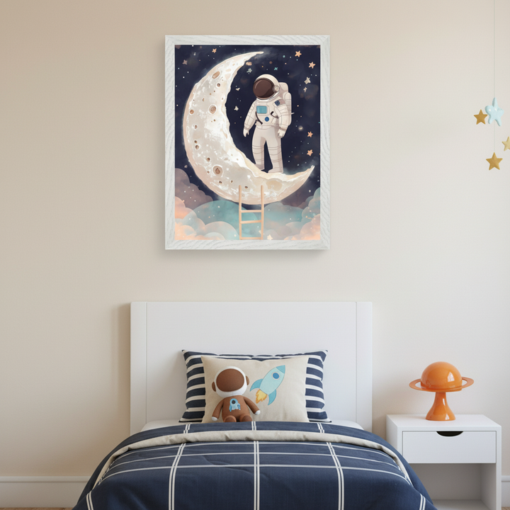 Kid's bedroom with a white bed and navy checkered bedding. A striped pillow with an astronaut toy rests on the bed. Above it, a framed watercolor of an astronaut on a crescent moon hangs. A white nightstand with an orange planet lamp is beside the bed.