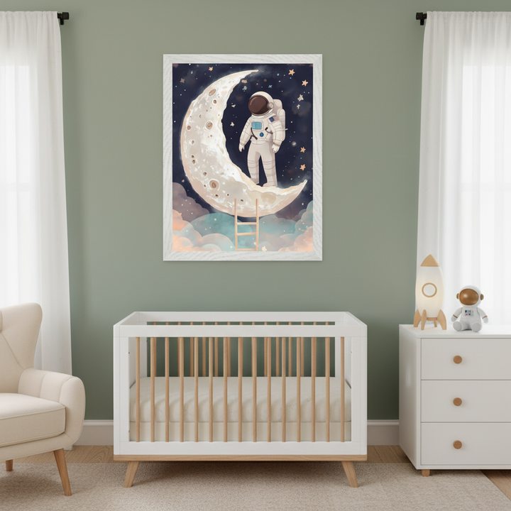 Modern nursery with white crib and natural wood spindles. Above the crib, a framed print depicts an astronaut on a crescent moon with a ladder, set against a starry sky and colorful clouds. A cream armchair is on the left; a white dresser with a rocket lamp and astronaut plush is on the right.
