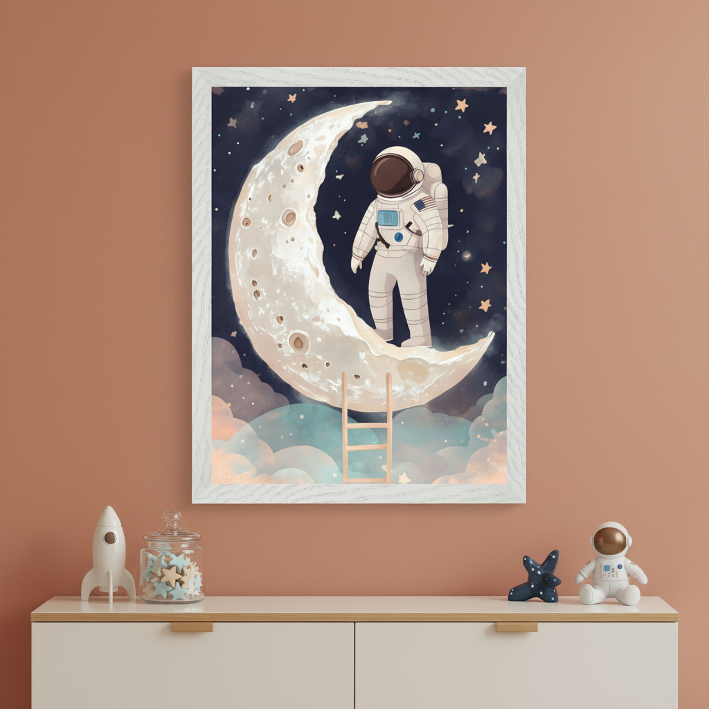 Modern kid's room with a peach wall and white dresser. A framed whimsical illustration of an astronaut standing on a crescent moon with stars and pastel clouds hangs above the dresser.