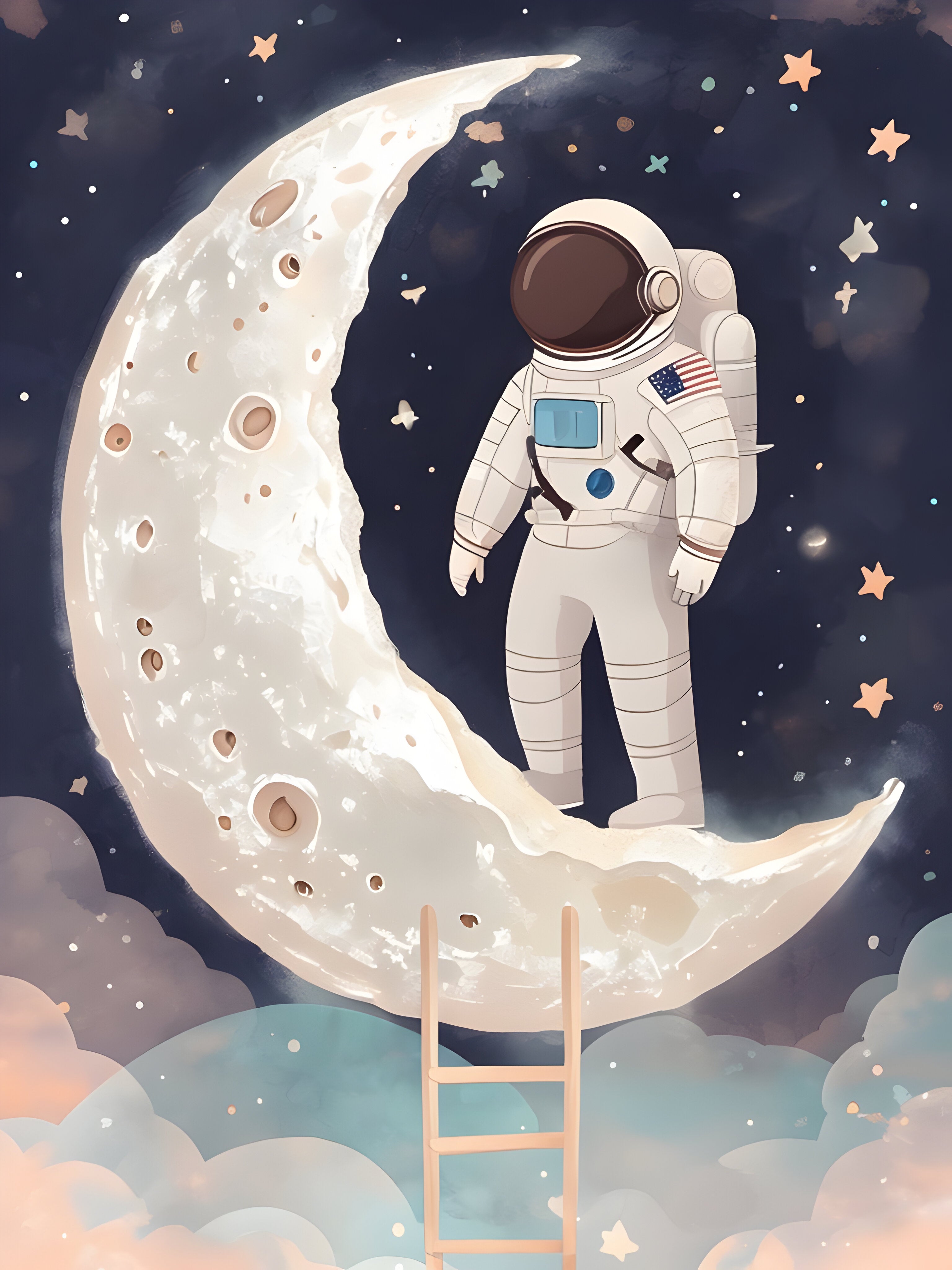 An astronaut stands on a crescent moon in a whimsical night sky filled with stars. A wooden ladder reaches up from colorful clouds to the moon's surface. The astronaut's suit features an American flag patch and a blue chest panel.
