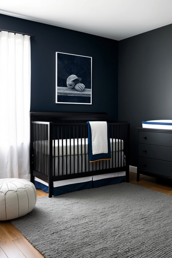 Minimalist nursery with dark navy walls and simple baseball-themed artwork featuring a baseball and glove. The sleek black crib and matching dresser create a clean, modern aesthetic, complemented by soft white and navy bedding.