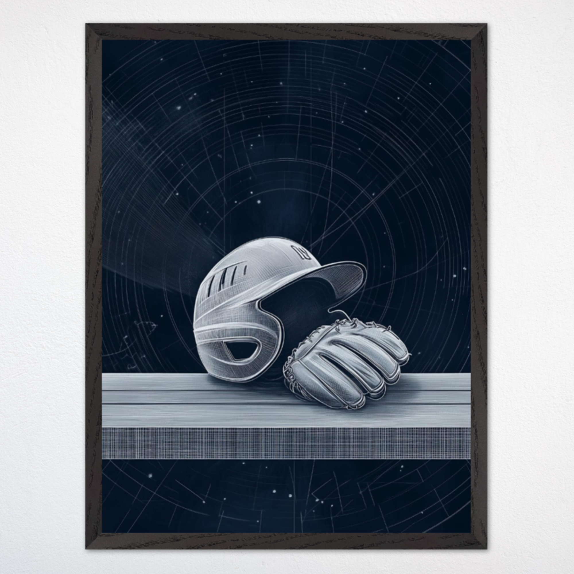 Illustration of a baseball helmet resting beside a baseball glove on a bench, drawn with white line art on a dark background with subtle circular patterns. The composition conveys a quiet moment, suggesting anticipation or reflection in a baseball setting.