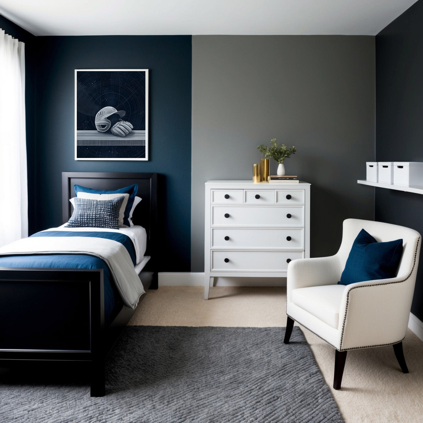 A stylish bedroom designed in navy, white, and gray tones, featuring sleek modern furniture and neatly arranged bedding. Above the bed hangs framed artwork depicting a baseball glove and batting helmet, reinforcing the room's sporty aesthetic. Bright natural lighting enhances the sophisticated atmosphere.