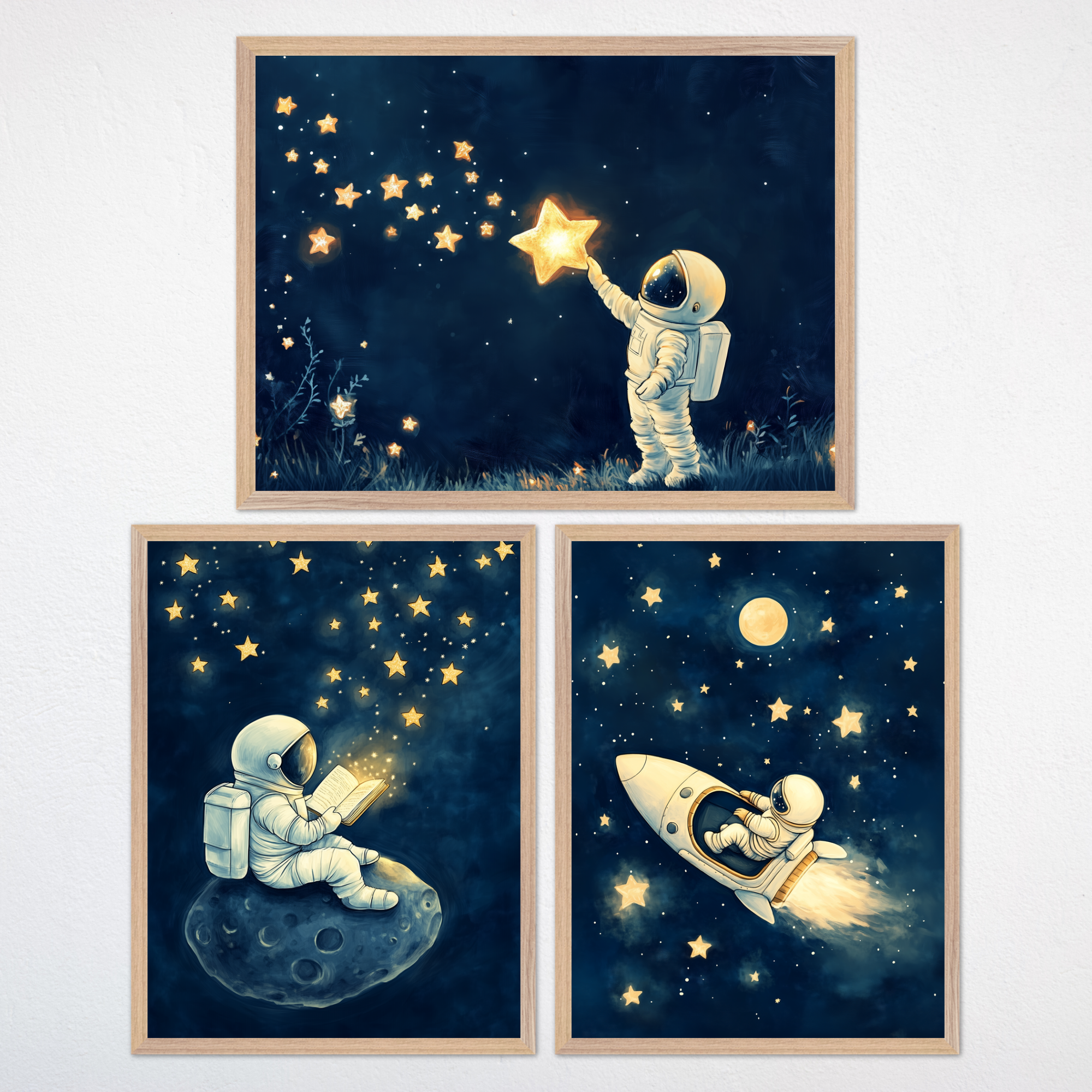 Space Explorer Astronaut Set of 3 Wall Art for Nursery, Playroom or Kids Bedrooms - Star Trail Journey Set | Volume 5