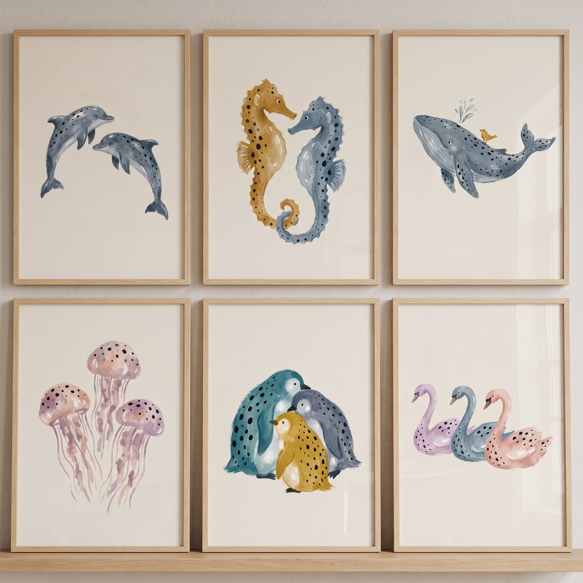 Speckled Watercolor Aquatic Animal Wall Art Set of 6 - Ocean Nursery Art