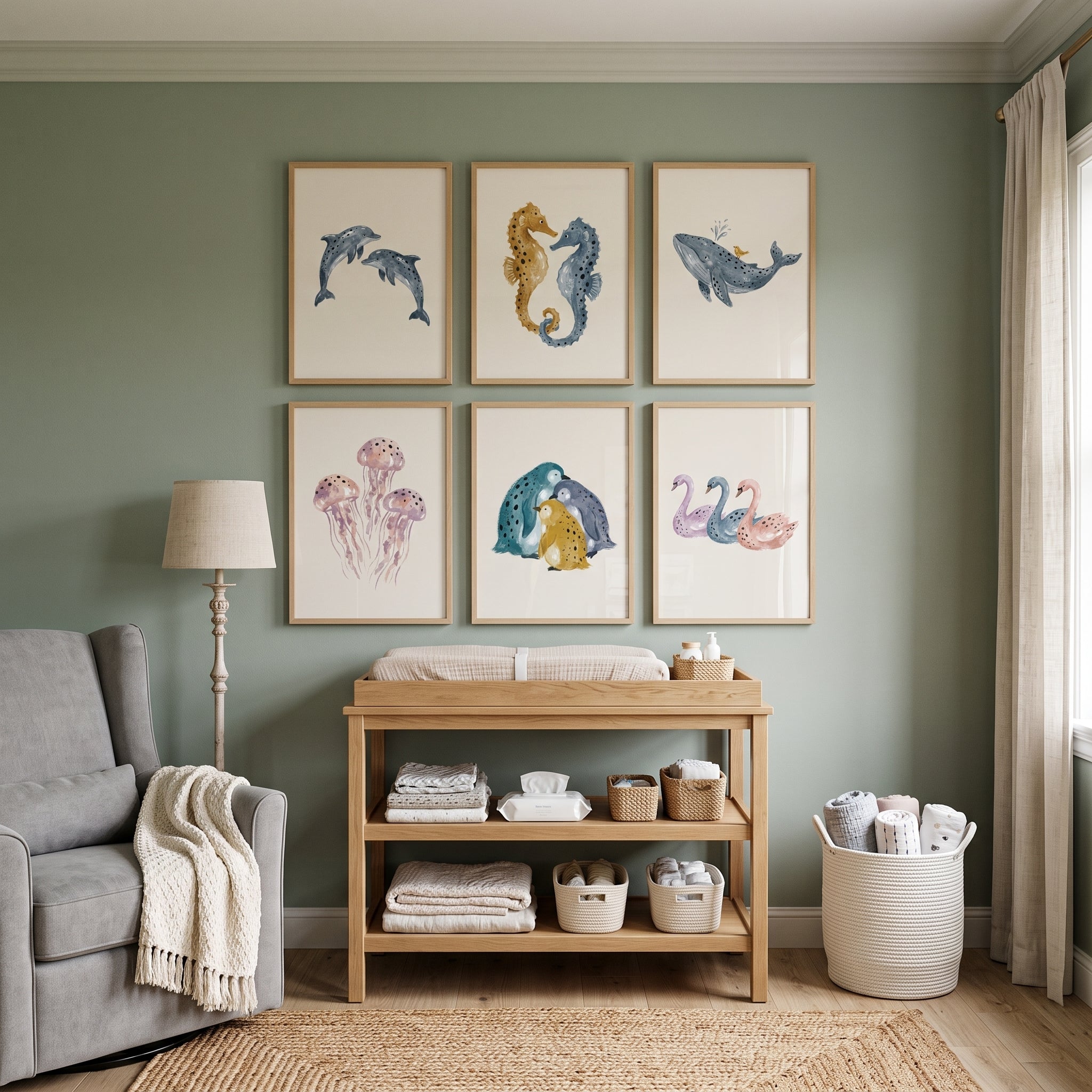 Speckled Watercolor Aquatic Animal Wall Art Set of 6 - Ocean Nursery Art