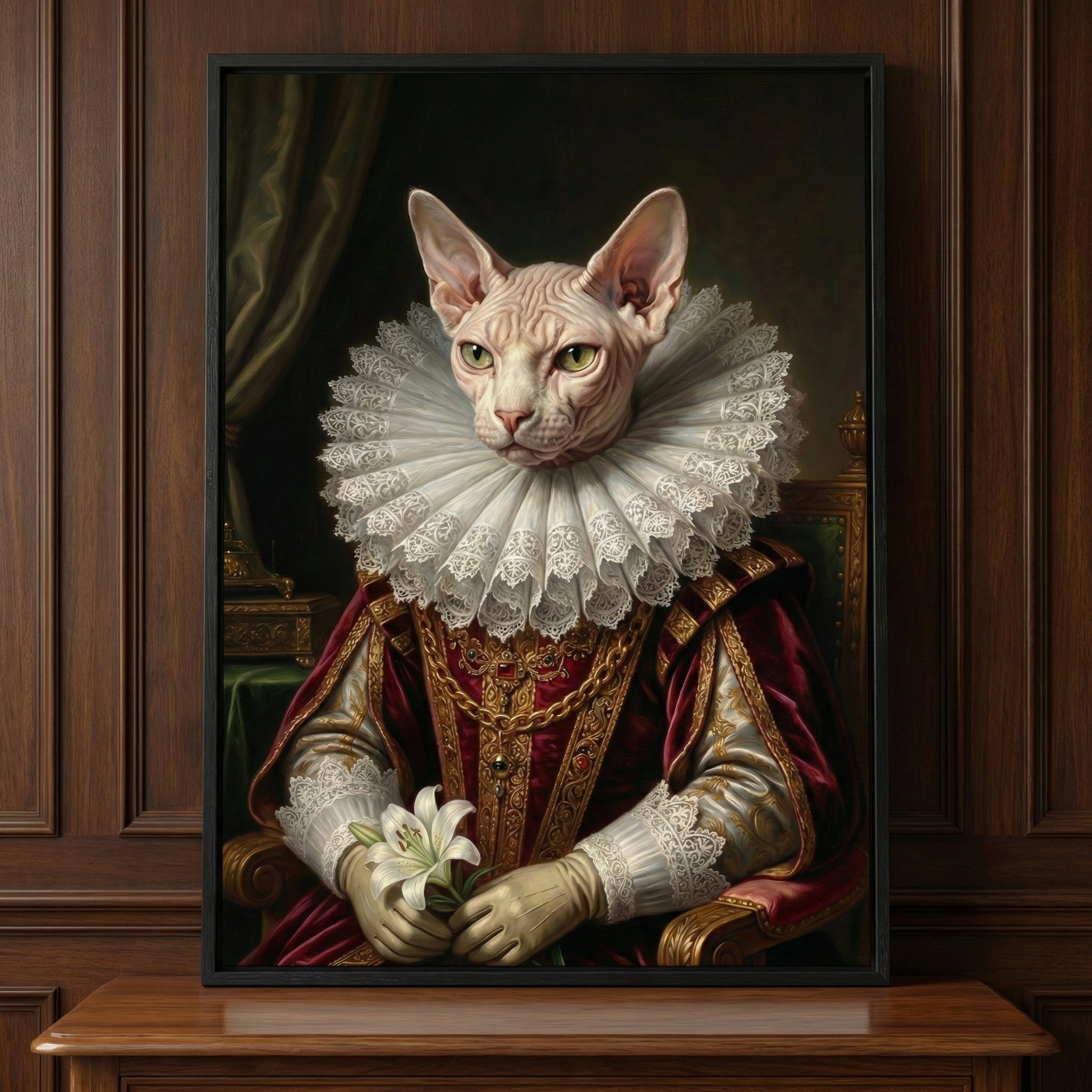A framed digital portrait of a hairless cat dressed in elaborate historical nobility attire. The cat features large ears and wrinkled skin, wearing a prominent white pleated lace ruff and a dark red robe with gold embroidery. It sits in a formal pose, holding a white lily in its gloved hands. The frame is black and simple, resting on a wooden tabletop against a backdrop of dark, vertical wood paneling.