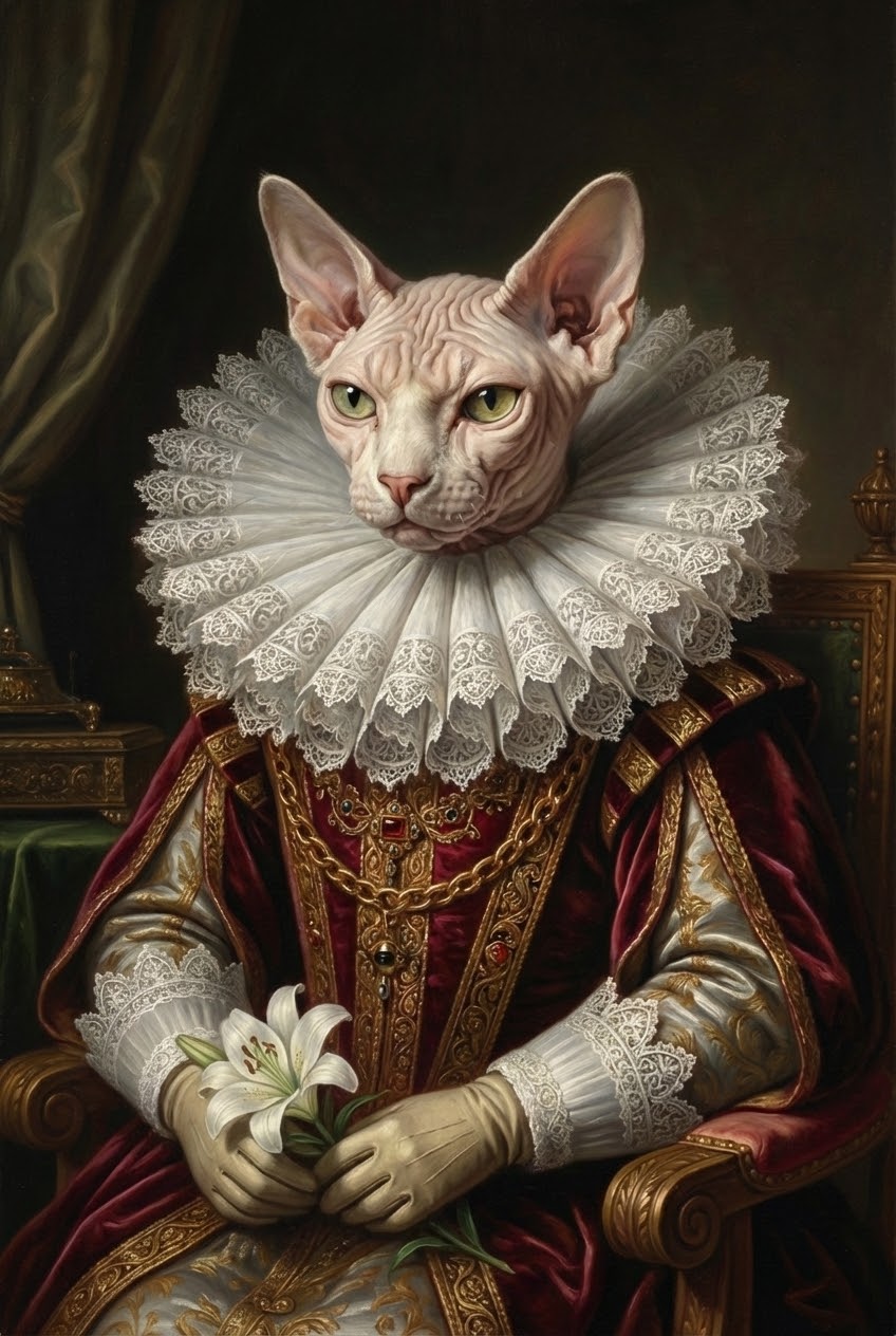 Portrait of a Sphynx cat in elaborate Renaissance attire with a wide lace ruff and jeweled gown, holding a white lily and sitting formally on a throne.