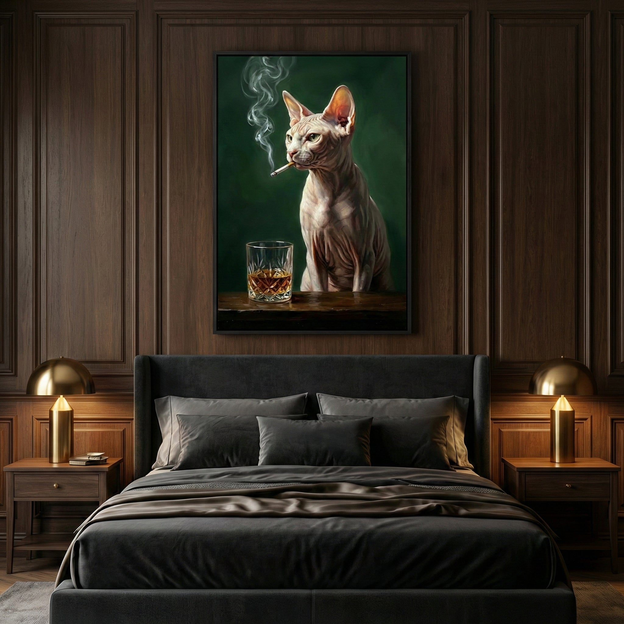 A moody bedroom featuring dark wood wall paneling and a large bed with dark grey bedding. Above the headboard hangs a framed art piece depicting a hairless cat sitting at a bar with a glass of amber-colored liquid and a smoking cigarette in its mouth. Two golden lamps on nightstands flank the bed, casting a warm glow.