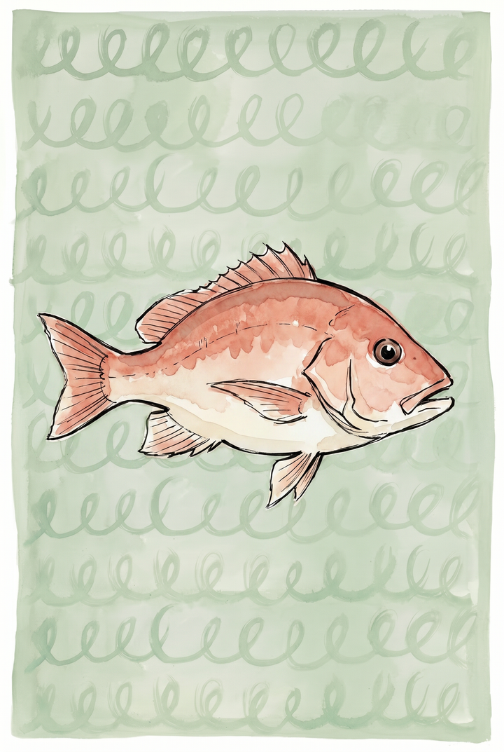 Red watercolor spiral pattern sea bream fish wall art with a light green background and repeating hand-drawn loops.
