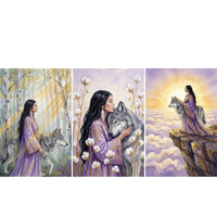 Watercolor triptych of a woman with long black hair wearing a flowing purple robe with gold embroidery accompanied by a gray wolf. In the first panel she walks through a sunlit forest with birch trees, in the second she gently embraces the wolf among tall white cotton flowers, and in the third she stands with the wolf on a cliff above glowing clouds at sunrise. The soft pastel tones and repeated pairing highlight a spiritual connection and journey shared between the woman and the wolf.