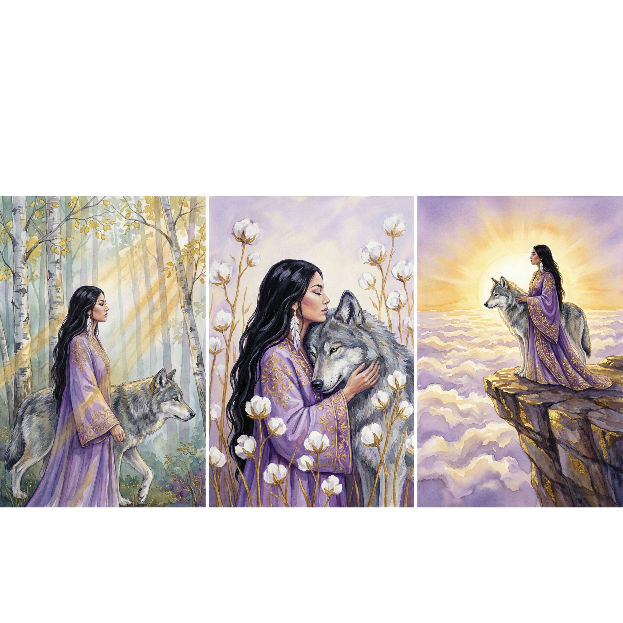 Watercolor triptych of a woman with long black hair wearing a flowing purple robe with gold embroidery accompanied by a gray wolf. In the first panel she walks through a sunlit forest with birch trees, in the second she gently embraces the wolf among tall white cotton flowers, and in the third she stands with the wolf on a cliff above glowing clouds at sunrise. The soft pastel tones and repeated pairing highlight a spiritual connection and journey shared between the woman and the wolf.