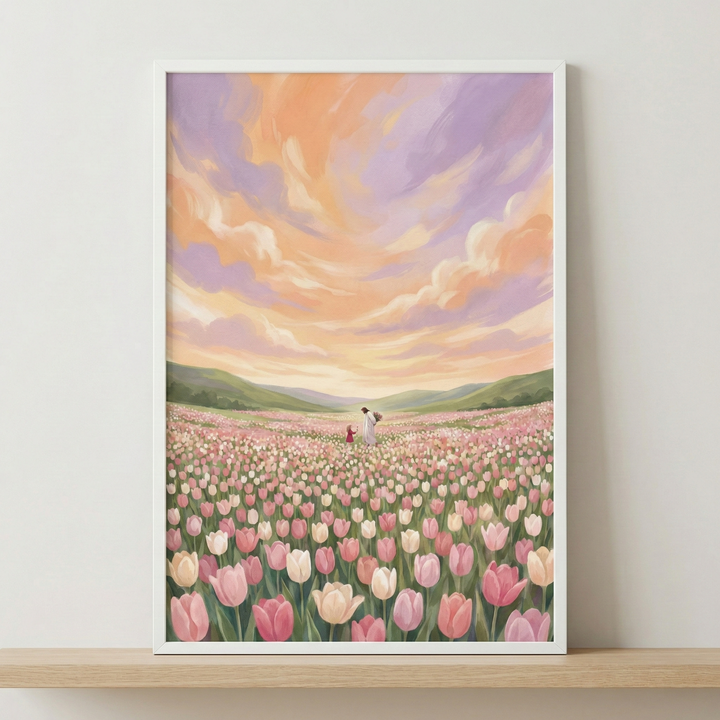 Vertical framed artwork displays a serene scene of a vast field of pink and cream tulips. In the middle distance, Jesus walks alongside a small child in a red dress. The landscape transitions into rolling green hills under an expansive, swirling sky. The clouds are rendered in soft shades of peach, orange, and lavender, evoking the glow of a sunset. This digital illustration features an expressive, soft aesthetic with visible brushwork, presented in a simple white frame on a wooden shelf.