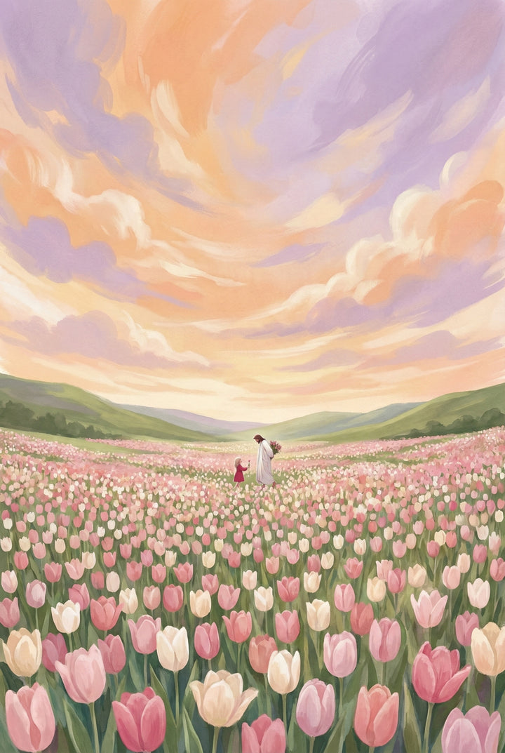 Wide pastel landscape of Jesus and a young girl standing together in the center of a sprawling field of pink and cream tulips. Rolling green hills frame the horizon beneath a swirling peach and lavender sky. The expansive floral scene emphasizes scale and wonder.

