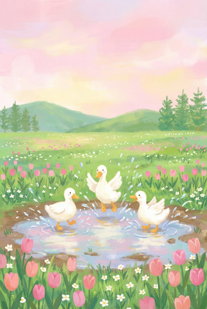 Three white ducklings splash and play in a shallow puddle surrounded by pink tulips and tiny white flowers in a wide spring meadow. Soft green hills and pine trees sit beneath a glowing pink sky, giving the scene a cheerful storybook feel.