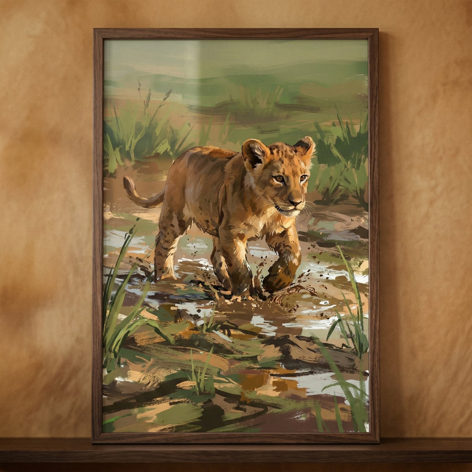 A framed digital illustration features a young lion cub as its central subject. The cub is captured in mid-stride, walking through a shallow, muddy area. Its tawny-colored fur is rendered with expressive, visible strokes, and small, darker spots are visible on its legs. The cub’s face is detailed with large, focused eyes and rounded ears, conveying a sense of youthful determination.
The setting is a tranquil wilderness, with tall blades of grass and reeds surrounding the cub. The ground is a mix of dark, 