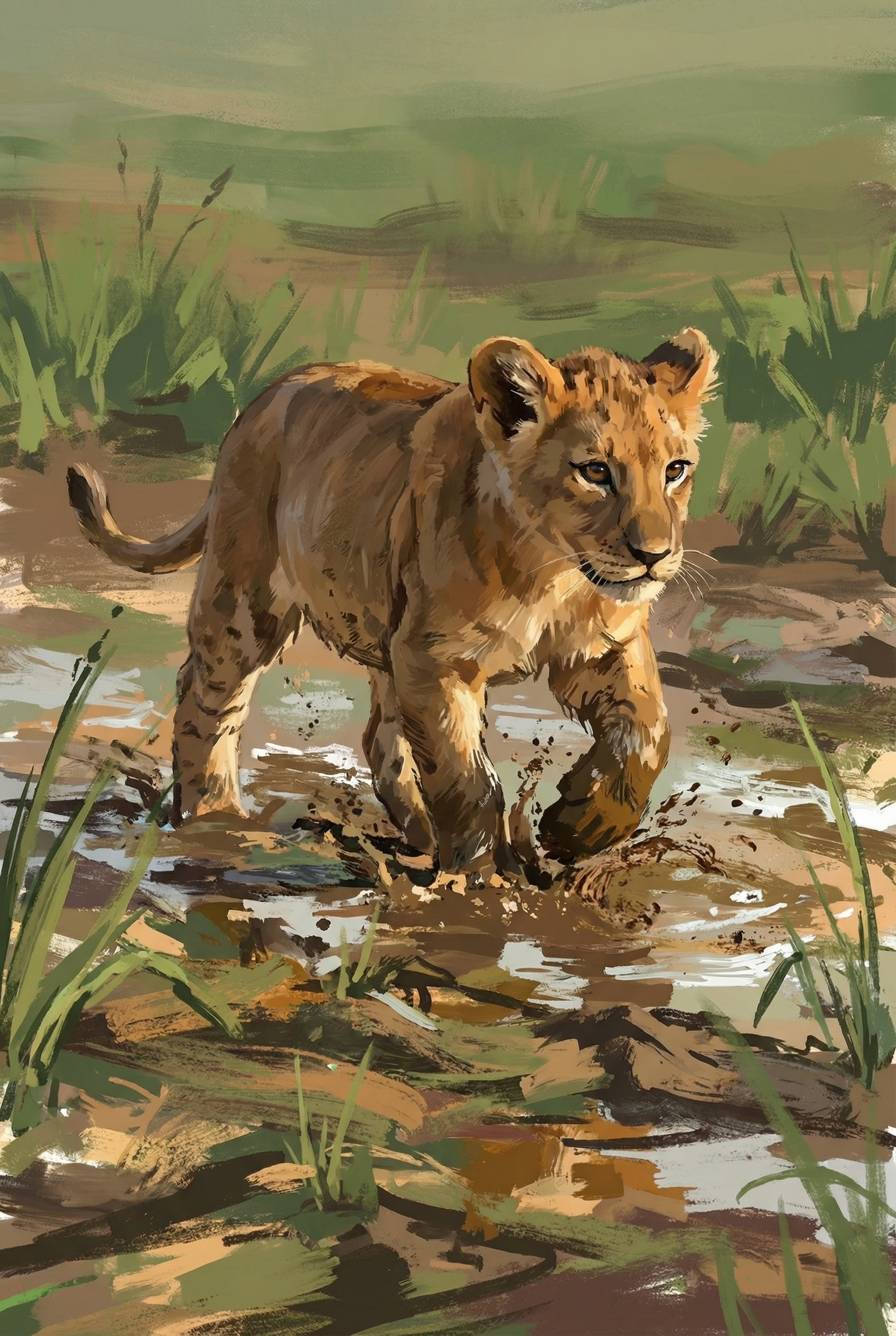Splashing Mud Lion Cub Wall Art - Golden Cub Stride