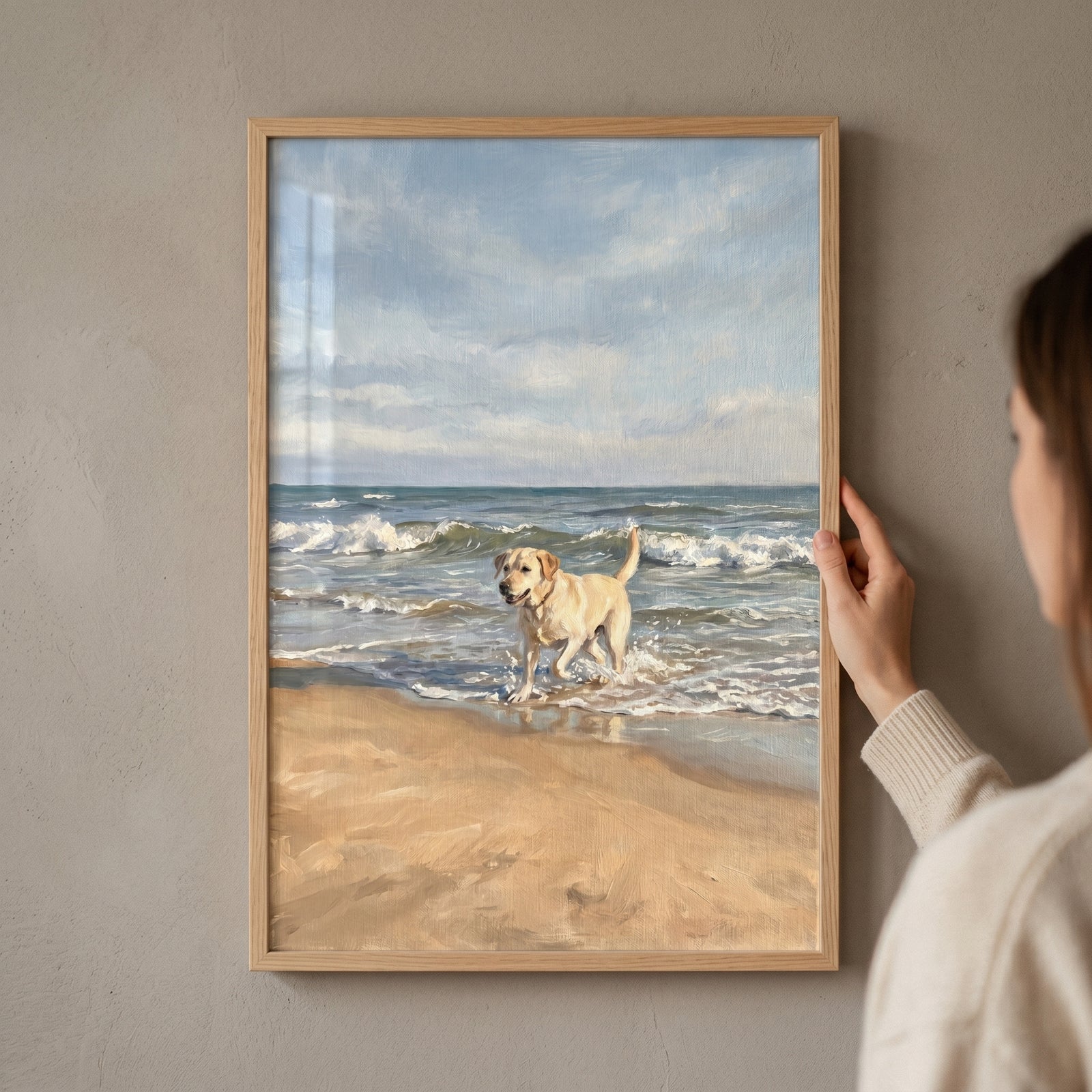 Framed splashing ocean yellow labrador dog wall art shows a dog wading through waves on a bright sandy beach.