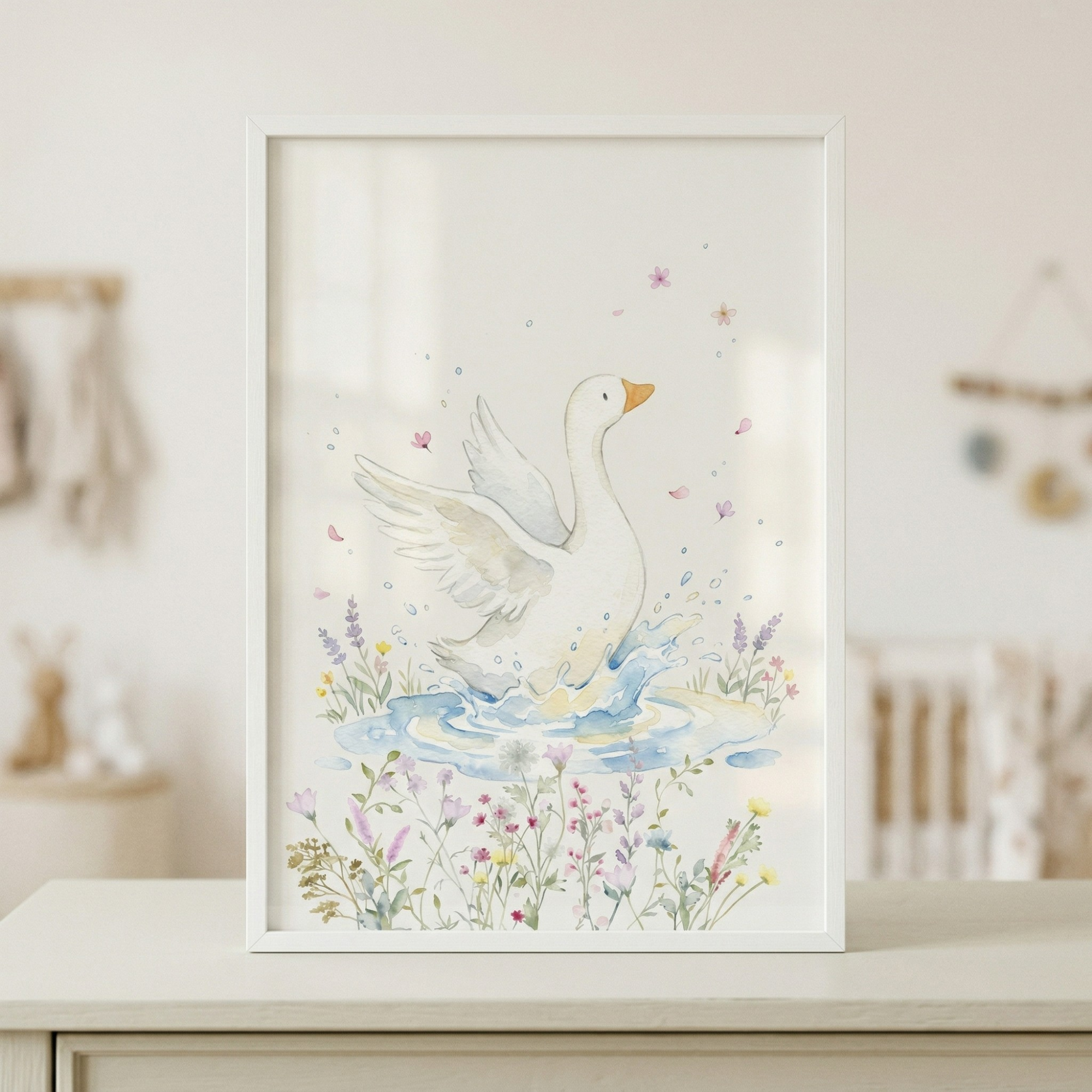 Splashing Pond White Goose Wall Art - Whimsical Meadow Splash