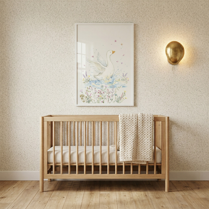 A serene nursery features a light-toned wooden crib against a wall covered in delicate, speckled wallpaper. A thick, cream-colored knitted blanket is draped over the front rail of the crib. Centered above the crib is a large, white-framed illustration of a white goose swimming in a pond, surrounded by colorful wildflowers and soft-toned greenery. To the right of the artwork, a round, golden wall sconce glows warmly. 