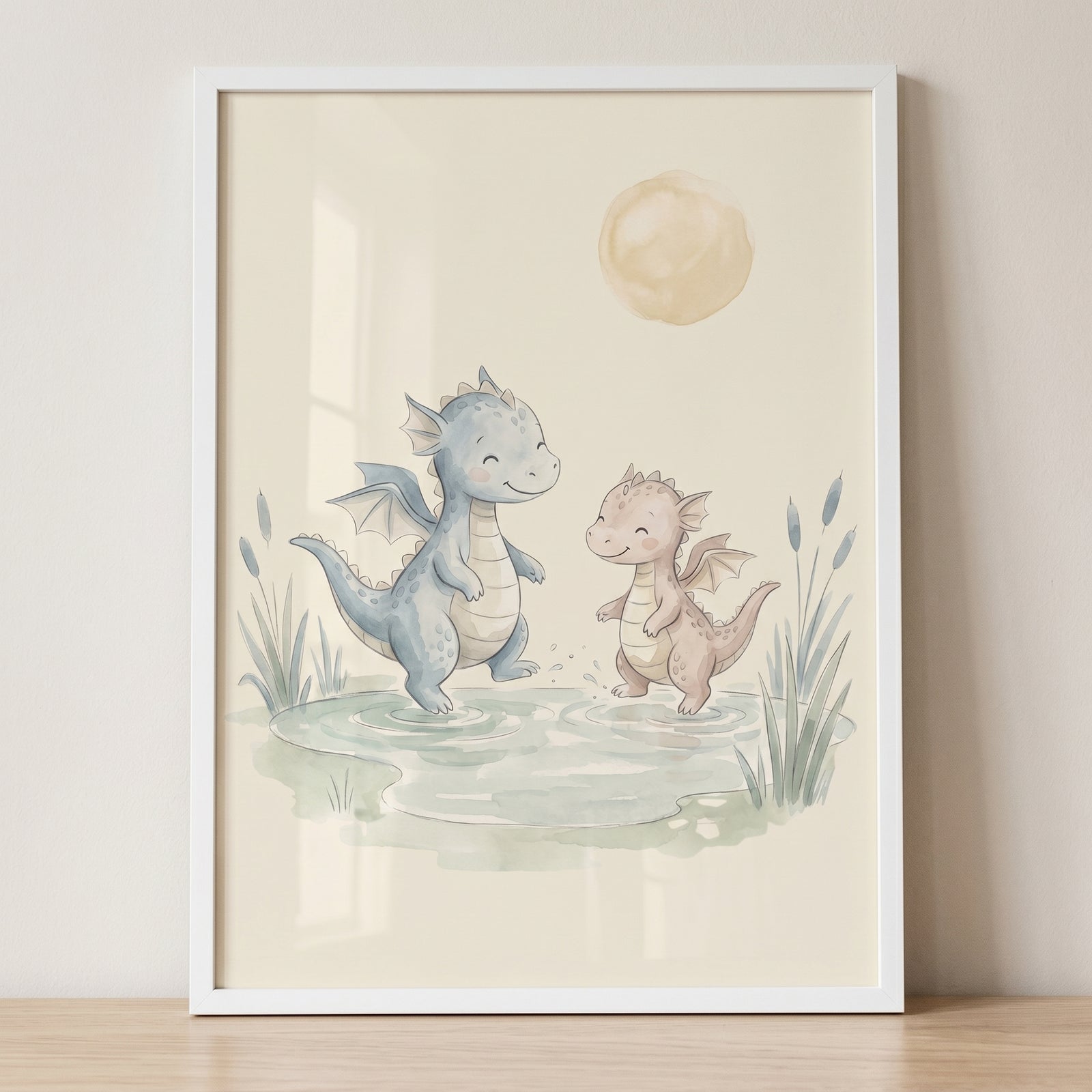 Pink and blue watercolor dragons play in a pond in this splashing water baby dragon wall art.