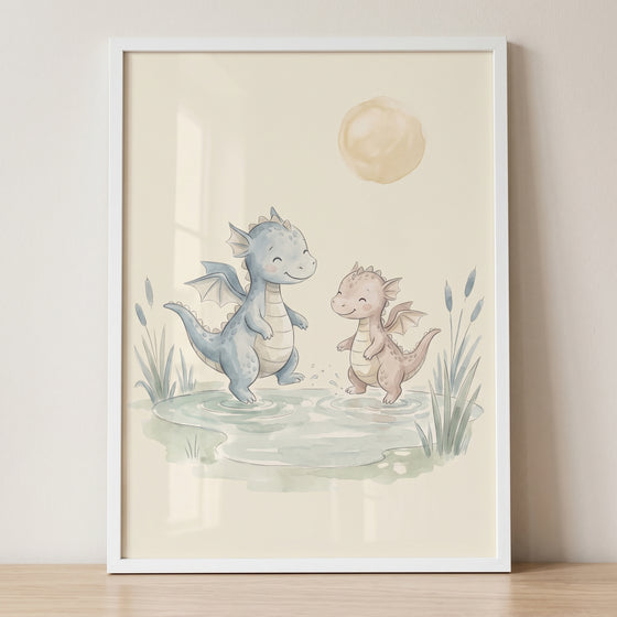 Pink and blue watercolor dragons play in a pond in this splashing water baby dragon wall art.
