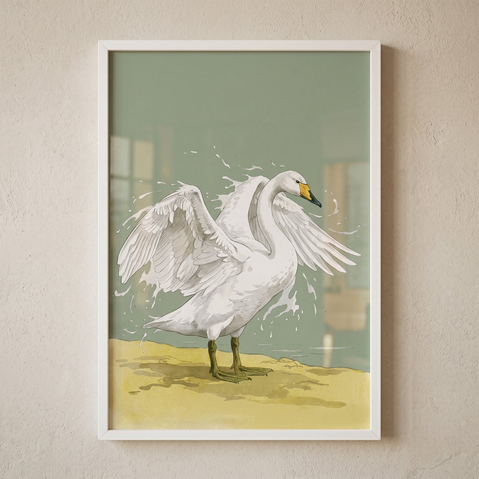 Splashing water white swan wall art depicts a swan with wings spread on a sandy shore against a green background.