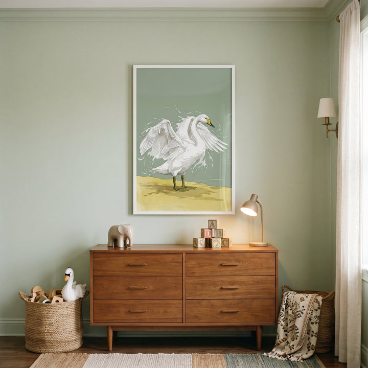 Splashing water white swan wall art hangs over a wooden dresser in a sage green nursery with toys and soft lighting.