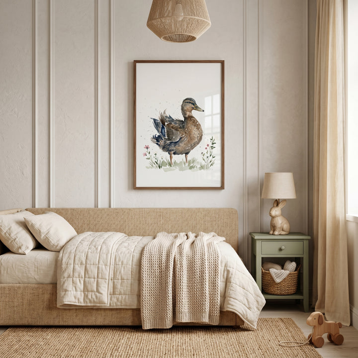 Splatter mallard duck wall art decorates a nursery with a beige daybed, sage nightstand, rabbit lamp, and wooden dog toy.
