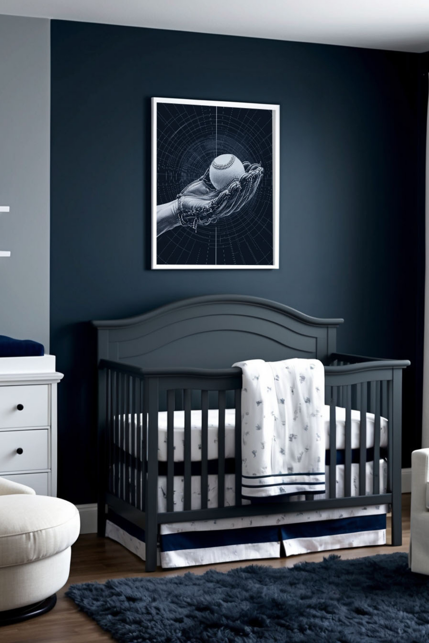 Nursery room decorated with deep blue walls, featuring baseball-themed artwork of a hand holding a baseball in a glove. The dark gray crib is accented with white bedding patterned with subtle baseball motifs, creating a sporty yet calm atmosphere.